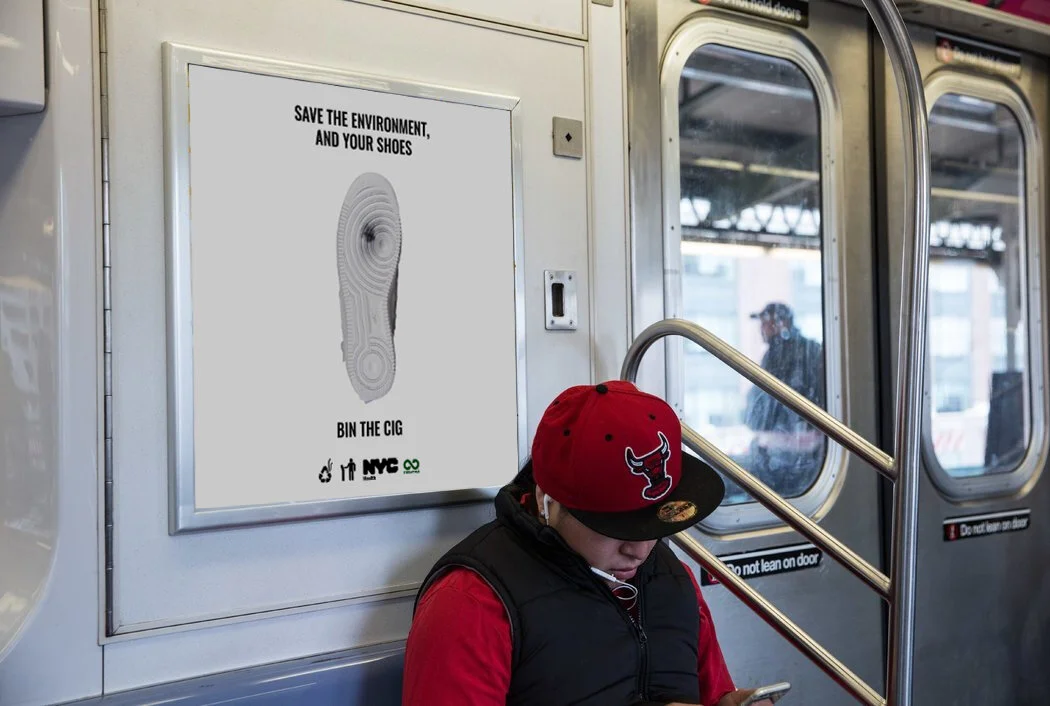 Render of a poster on the NYC subway