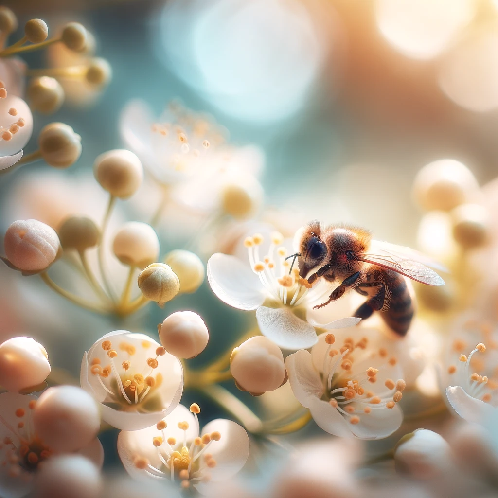The images have highlighting the bee's activity among the white flowers.