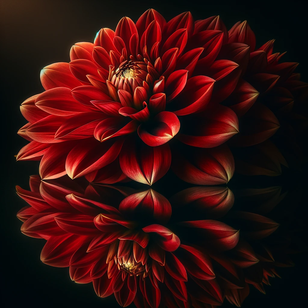 Highlighting the vibrant red dahlias with their reflection, creating an effect of depth and elegance.