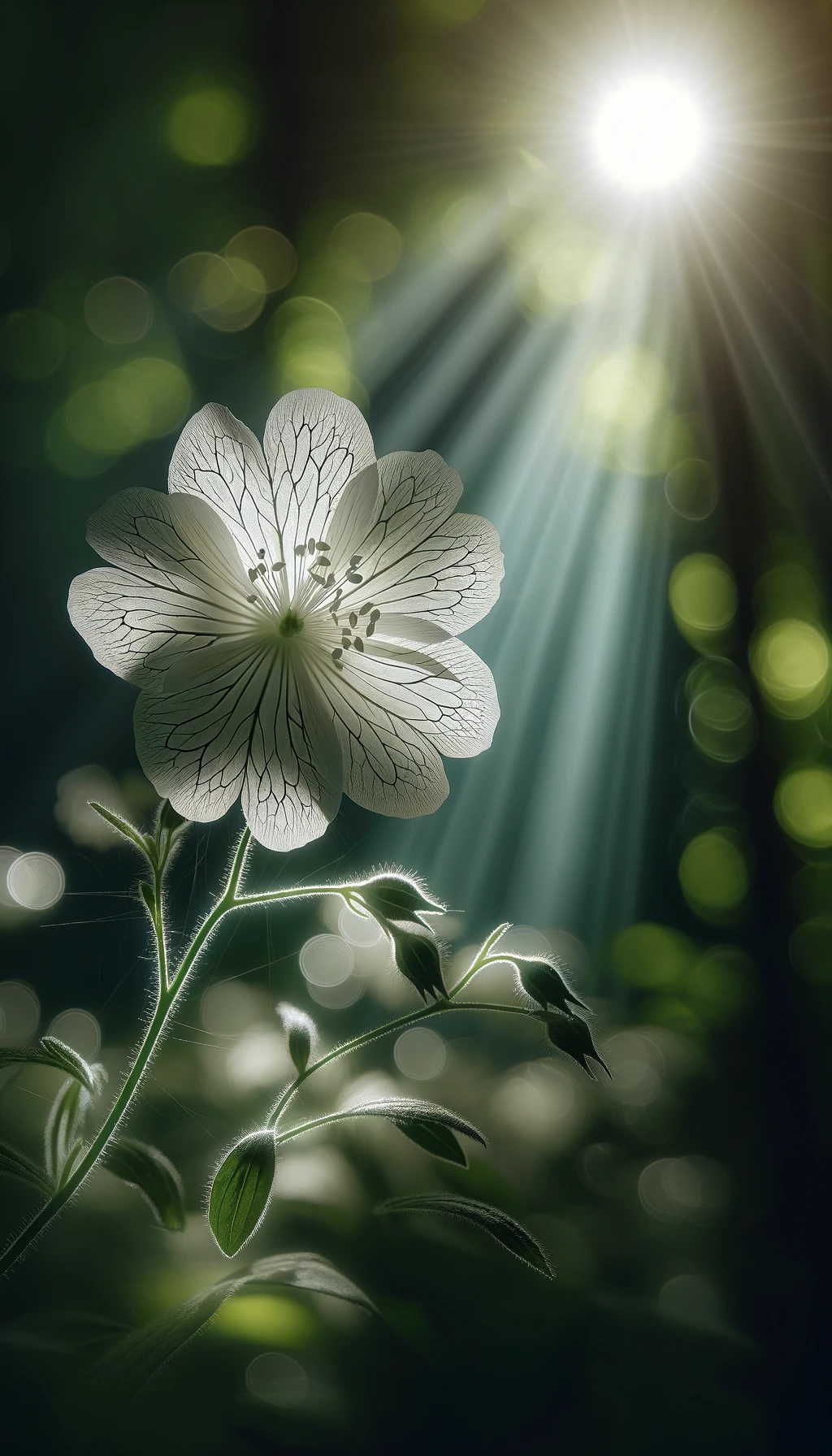 The enhanced image of the white flower set against a dappled light background.