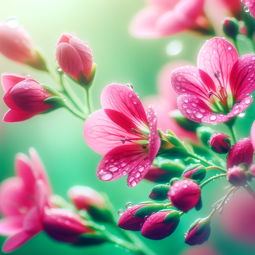 Close-up of vibrant pink flowers with morning dew on the petals, set against a soft green background that enhances the beauty of the blooms.
