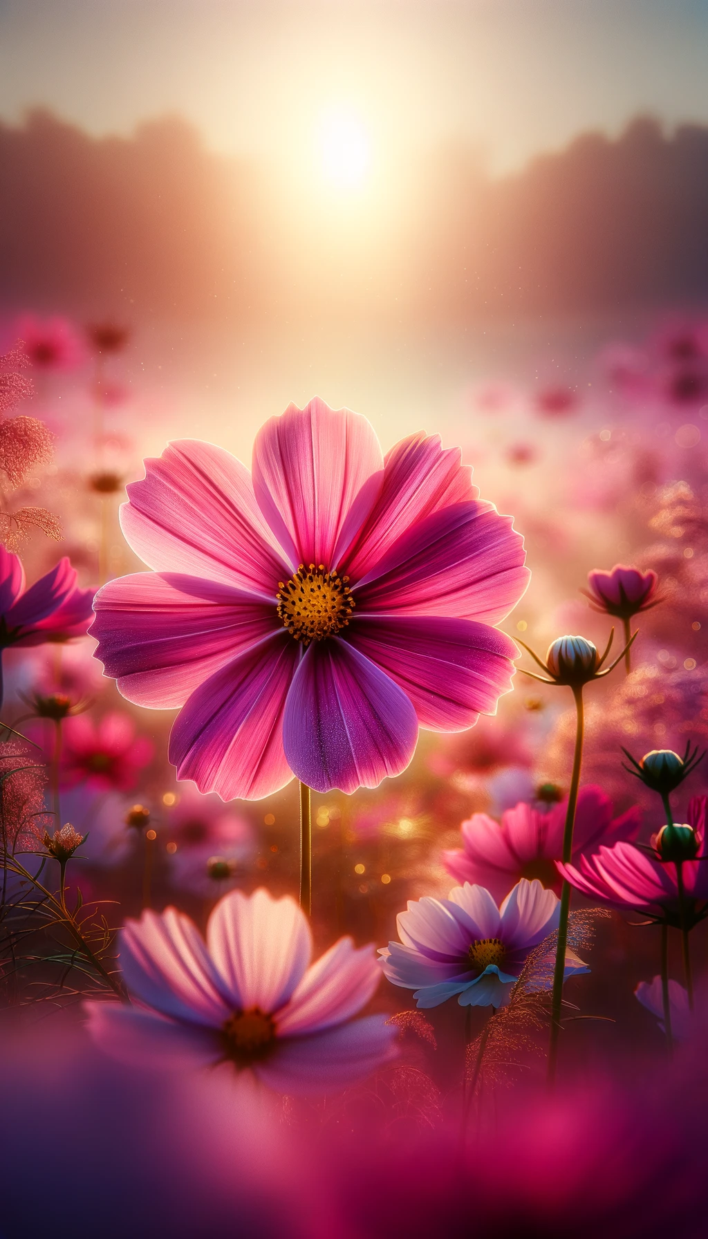 The image capturing the serene beauty of the cosmos flowers.