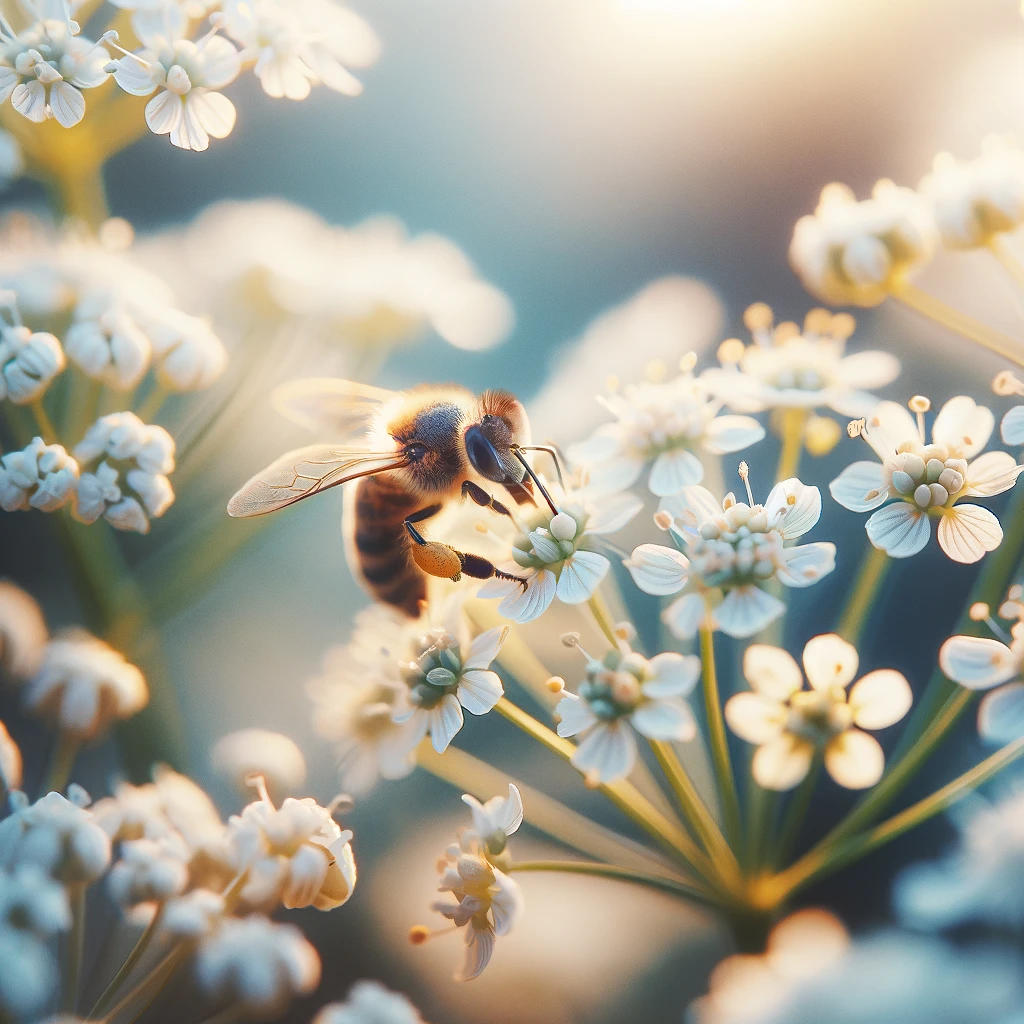 The images have highlighting the bee's activity among the white flowers.