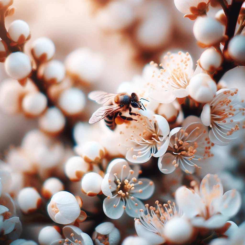 The images have highlighting the bee's activity among the white flowers.