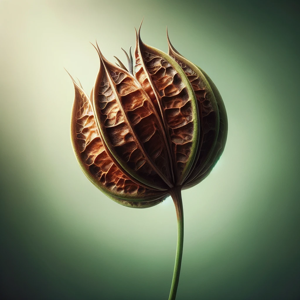 In the hush of the garden, a solitary seed pod stands—a monument to potential, cradling the whispers of growth yet to unfurl