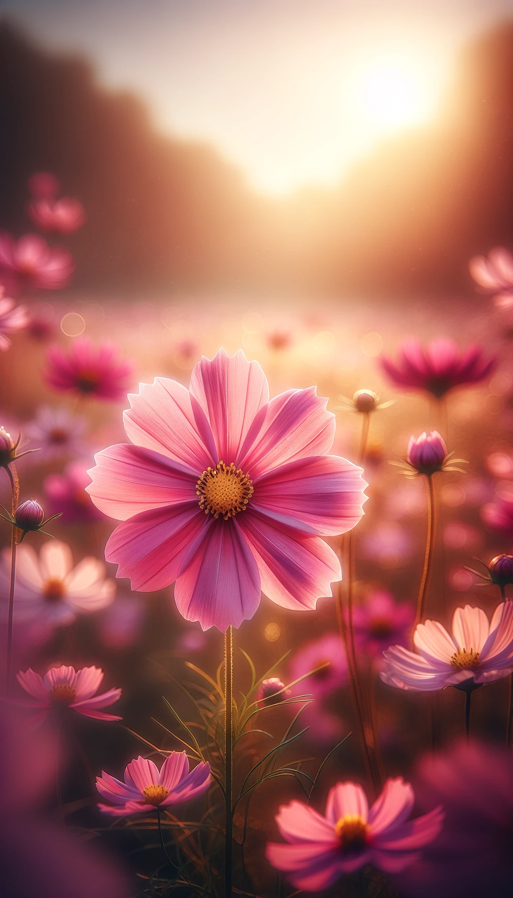 The image capturing the serene beauty of the cosmos flowers.