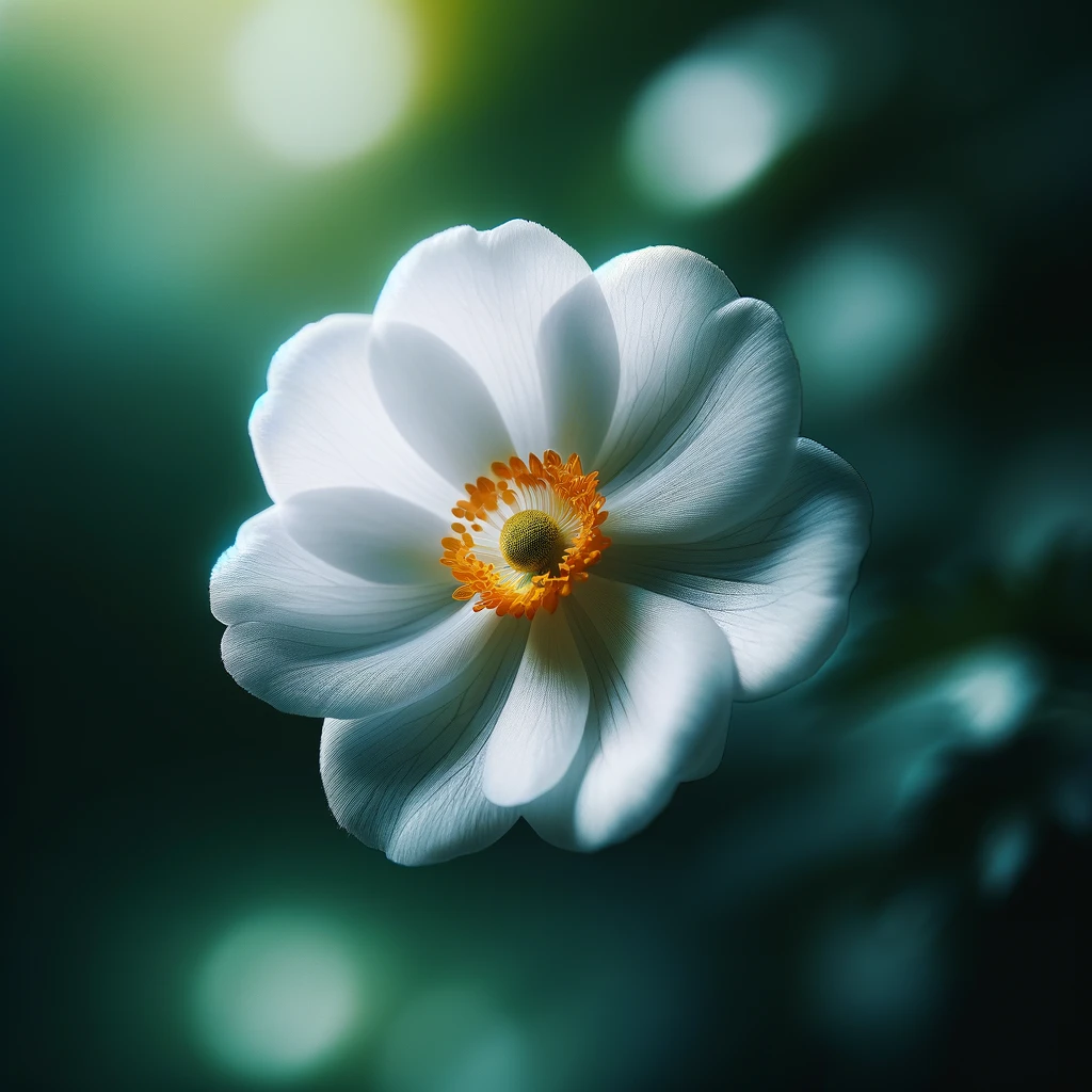 The images of the white flower with a dark green background have been created, highlighting its delicate details and serene setting