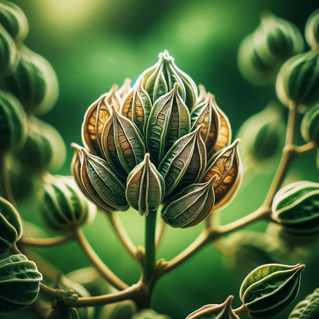 Close-up photos of seed pods with detailed textures and patterns, highlighted by the interplay of light and shadow.