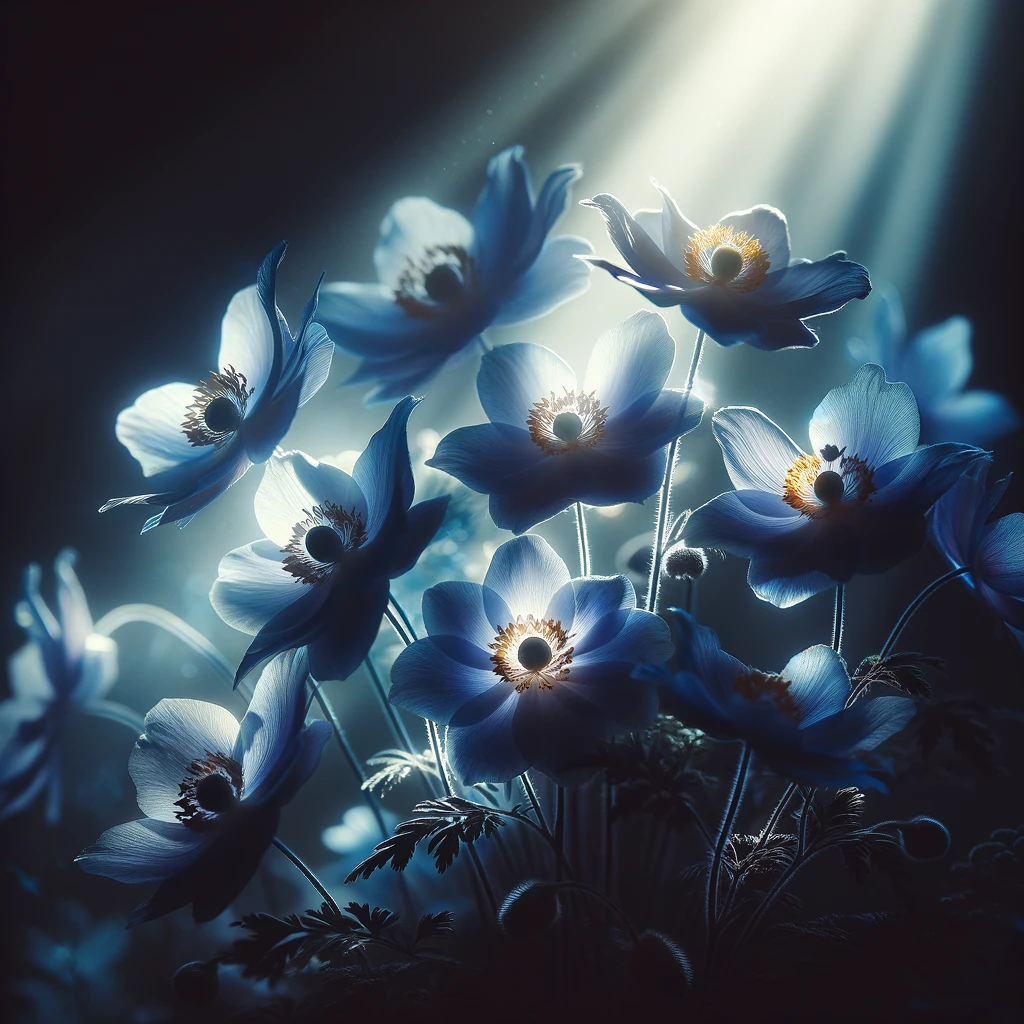 The image capturing the ethereal blue flowers in a portrait orientation with a luminous and tranquil nocturnal ambiance.