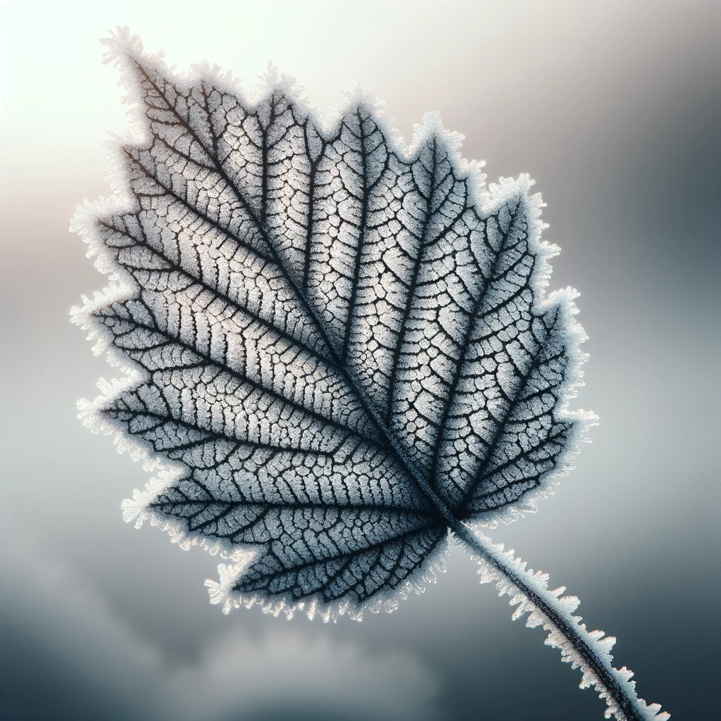 The image capturing the frost-covered leaf in a detailed and serene setting.