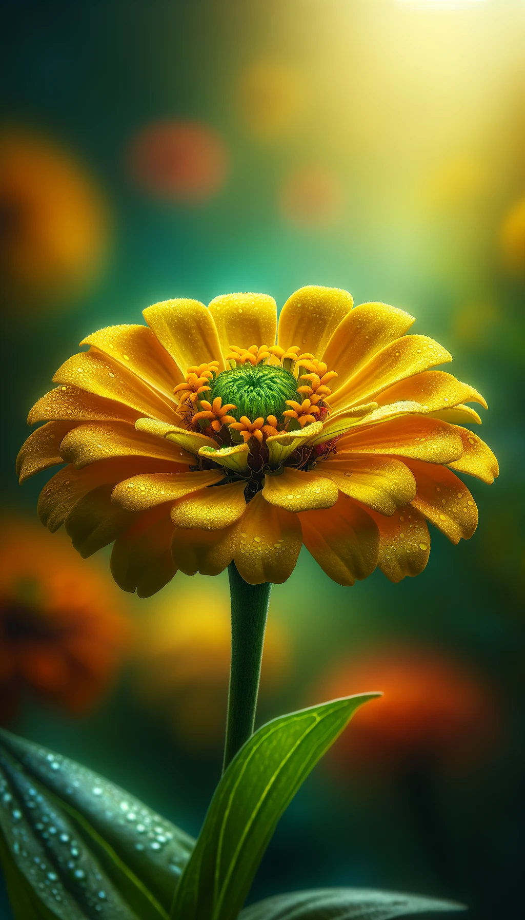 The image of the Zinnia flower have been created, showcasing vivid yellow petals with a rich green center in a tranquil garden setting.