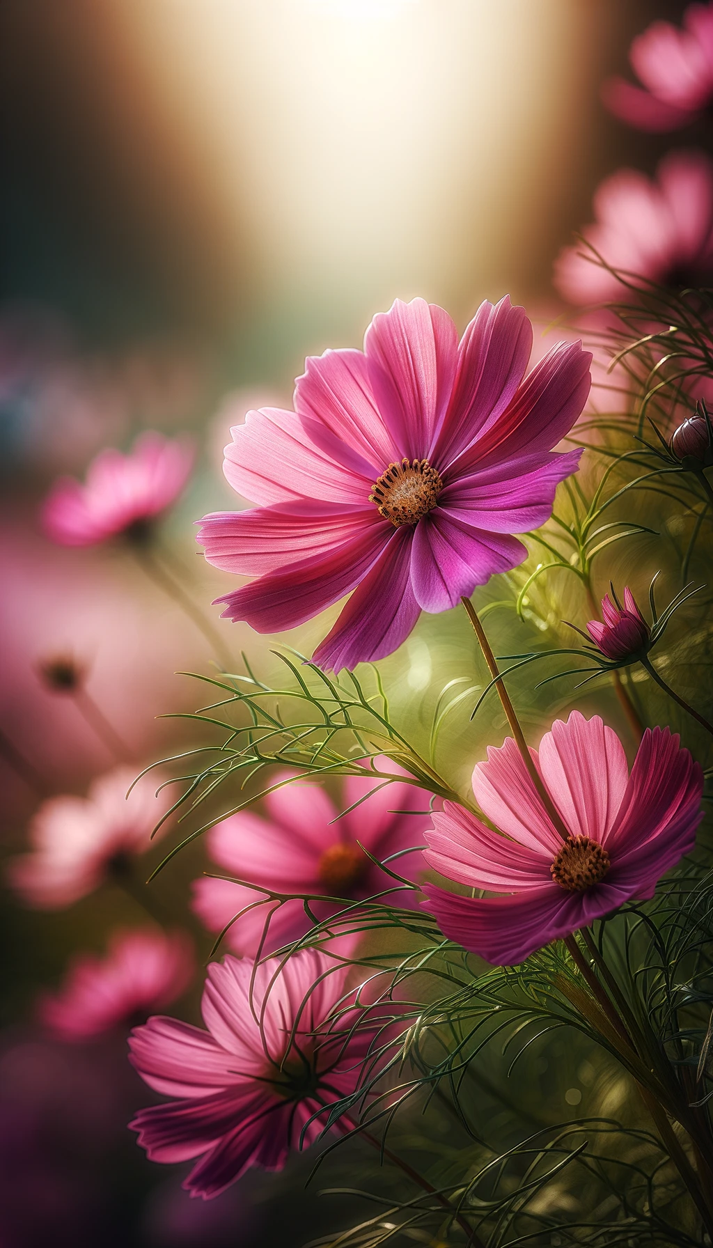 The image capturing the serene beauty of the cosmos flowers.