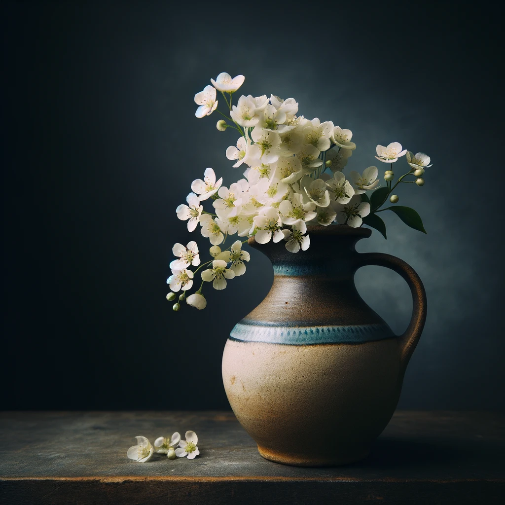 The image capturing the rustic charm of the ceramic jug and the delicate white flowers against a dark background.