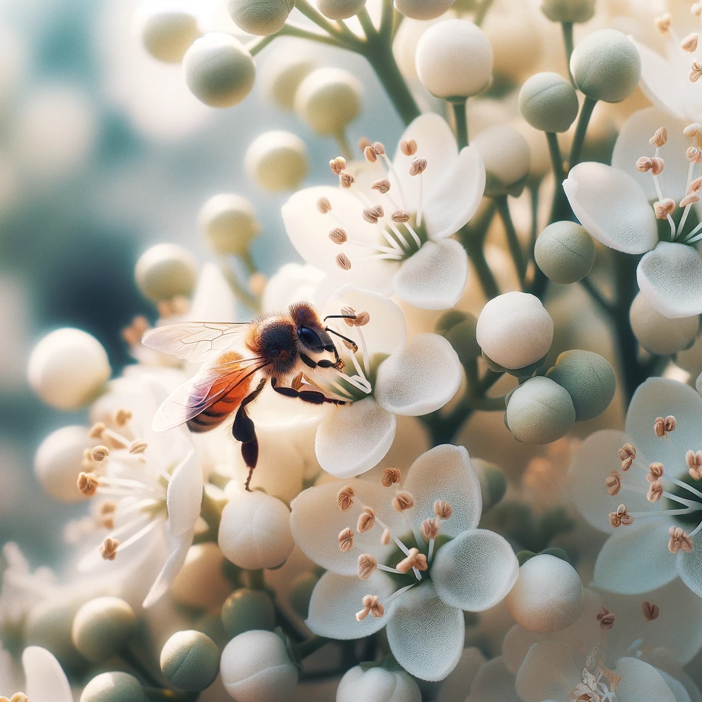 The images have highlighting the bee's activity among the white flowers.