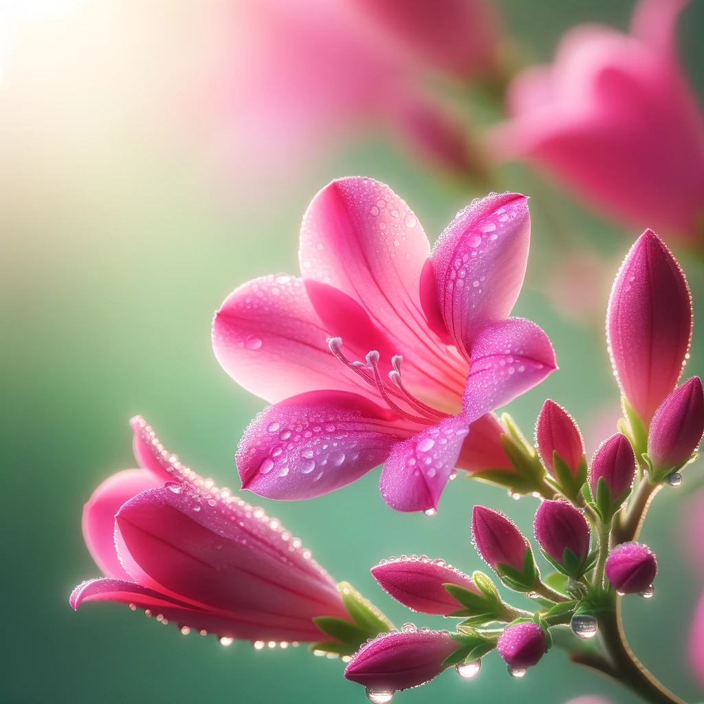 Close-up of vibrant pink flowers with morning dew on the petals, set against a soft green background that enhances the beauty of the blooms.
