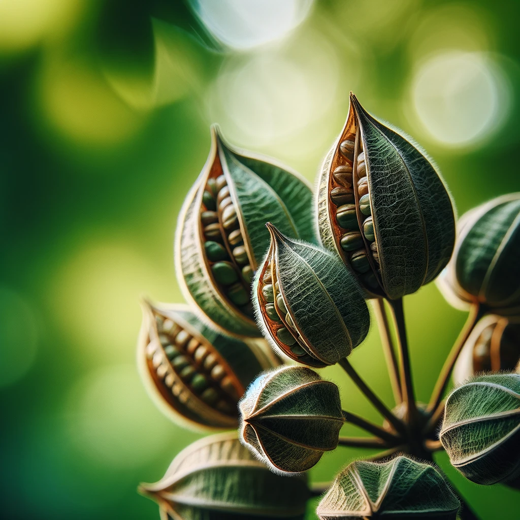 Close-up photos of seed pods with detailed textures and patterns, highlighted by the interplay of light and shadow.