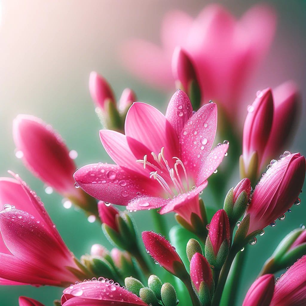 Close-up of vibrant pink flowers with morning dew on the petals, set against a soft green background that enhances the beauty of the blooms.