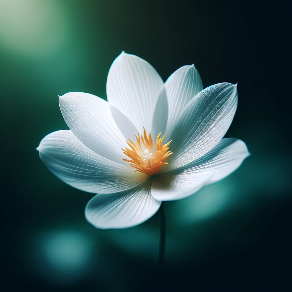 The images of the white flower with a dark green background have been created, highlighting its delicate details and serene setting