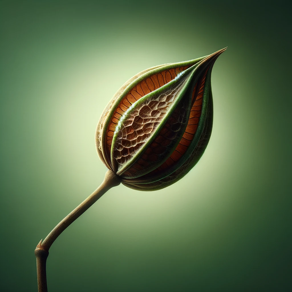 In the hush of the garden, a solitary seed pod stands—a monument to potential, cradling the whispers of growth yet to unfurl
