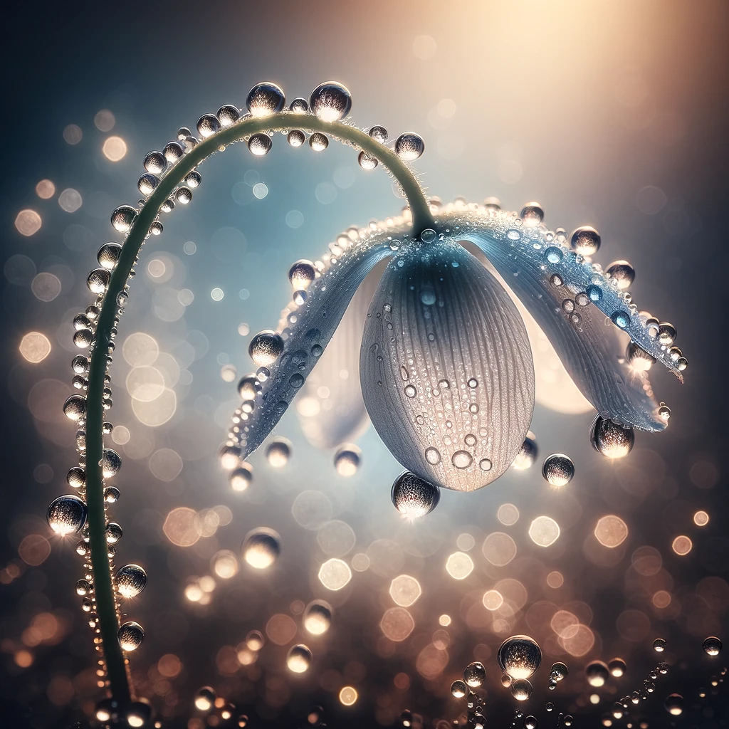 The image capturing the intimate detail of the water droplets on the white flower.