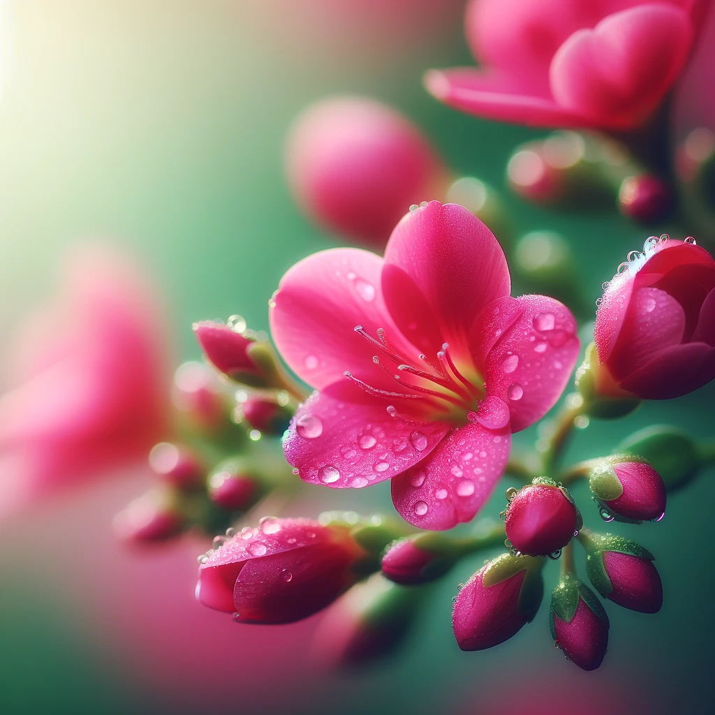 Close-up of vibrant pink flowers with morning dew on the petals, set against a soft green background that enhances the beauty of the blooms.