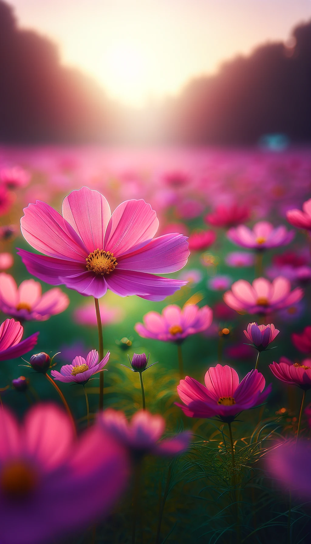 The image capturing the serene beauty of the cosmos flowers.