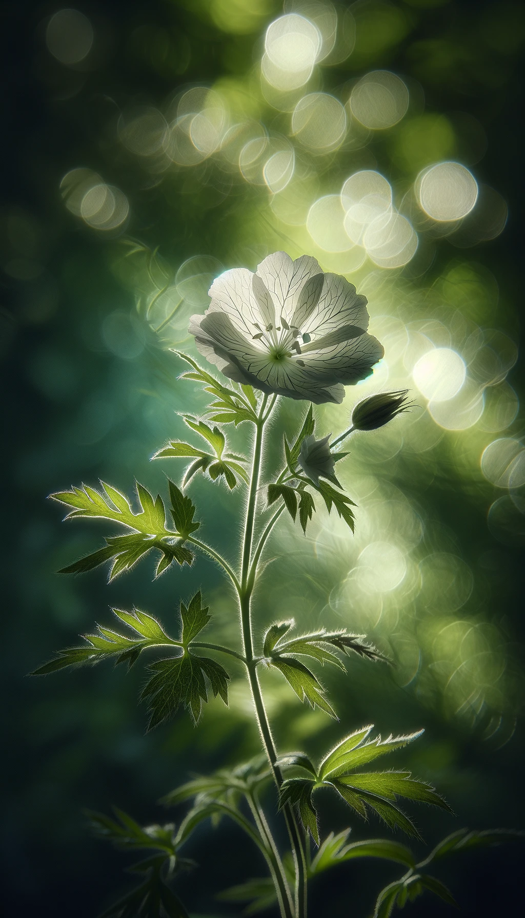 The enhanced image of the white flower set against a dappled light background.