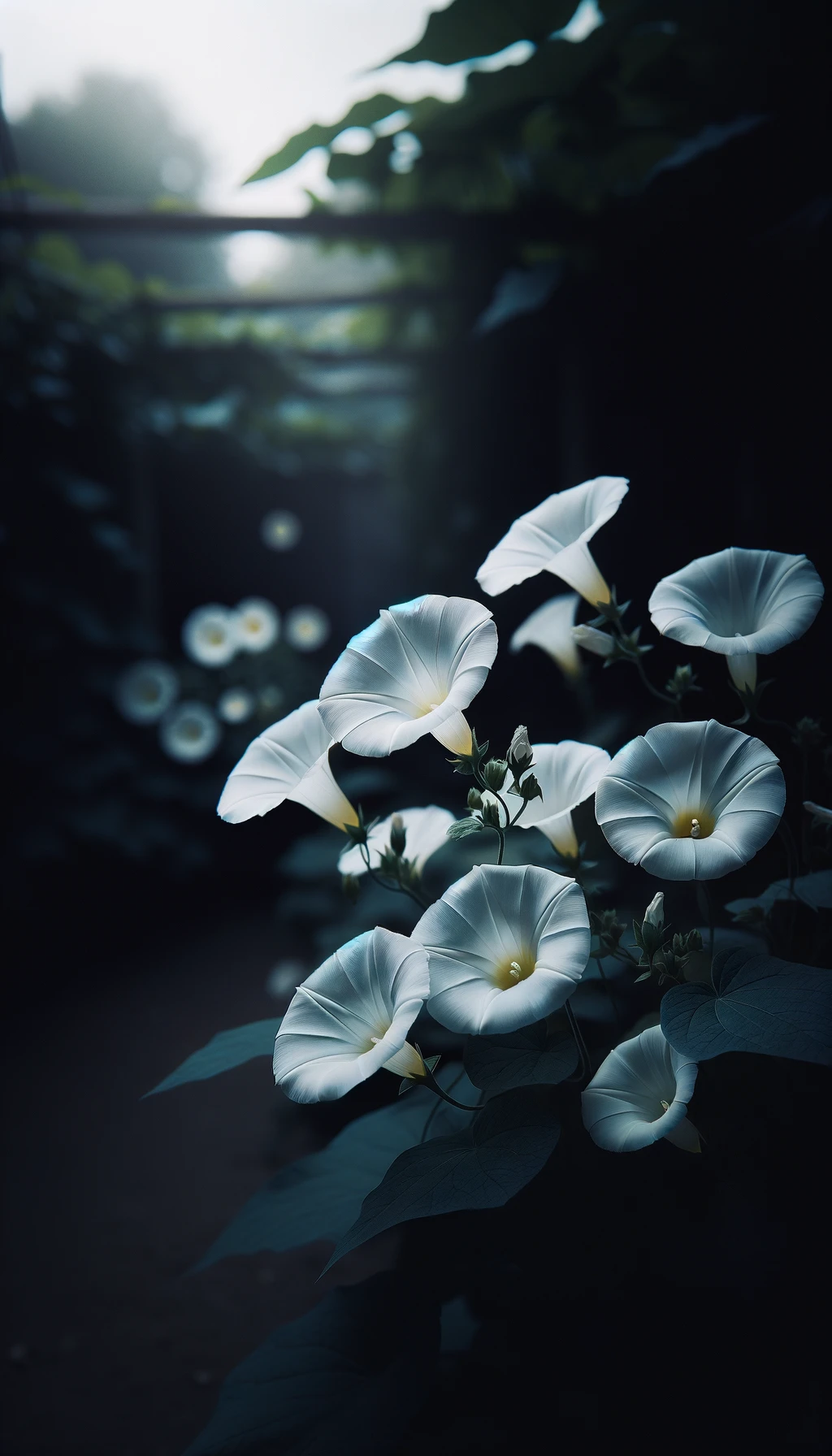 The image of delicate white flowers with a dark, moody background have been created, capturing a serene and contemplative atmosphere.