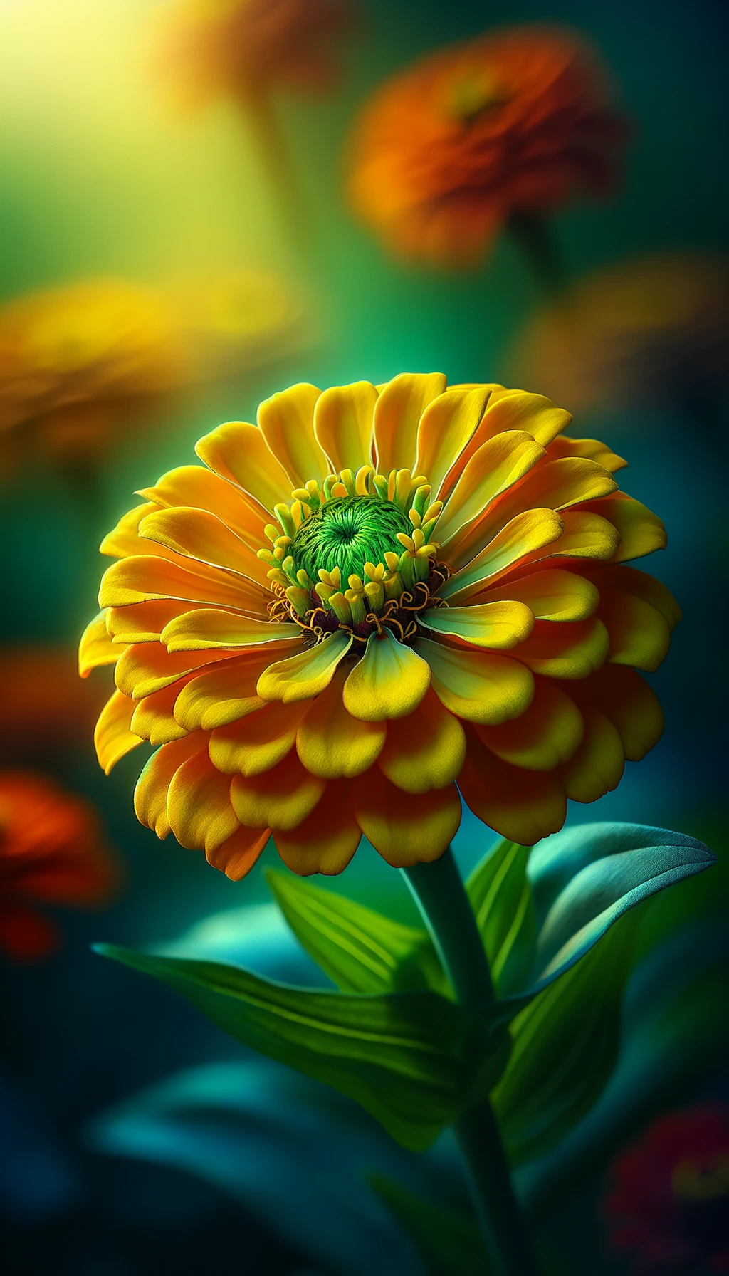 The image of the Zinnia flower have been created, showcasing vivid yellow petals with a rich green center in a tranquil garden setting.