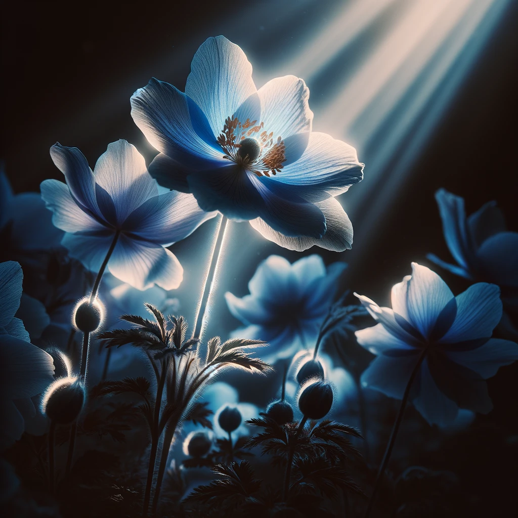 The image emphasizing the serene beauty of the ethereal blue flowers bathed in celestial light.