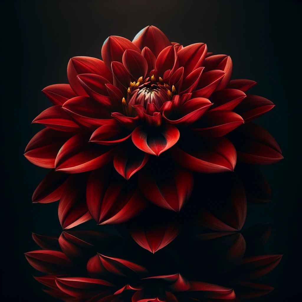 The rich details of the red dahlias with their reflection.