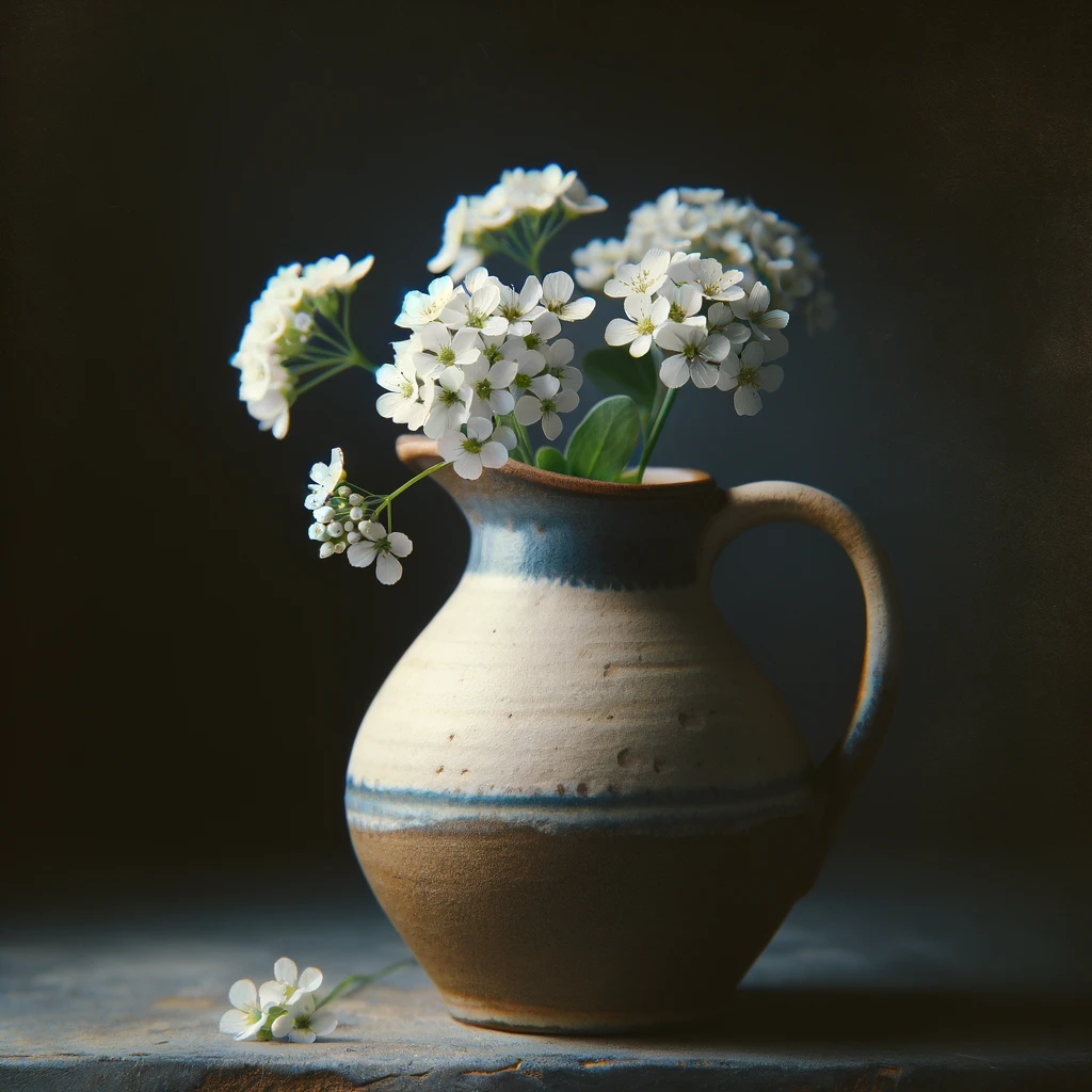The image focusing on the rustic ceramic jug and the elegant white flowers in a portrait orientation with a moody backdrop.
