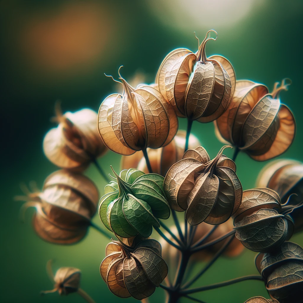 Close-up photos of seed pods with detailed textures and patterns, highlighted by the interplay of light and shadow.
