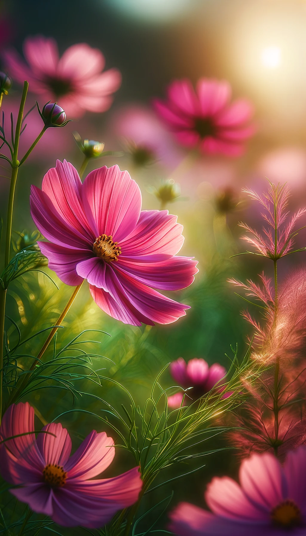 The image capturing the serene beauty of the cosmos flowers.