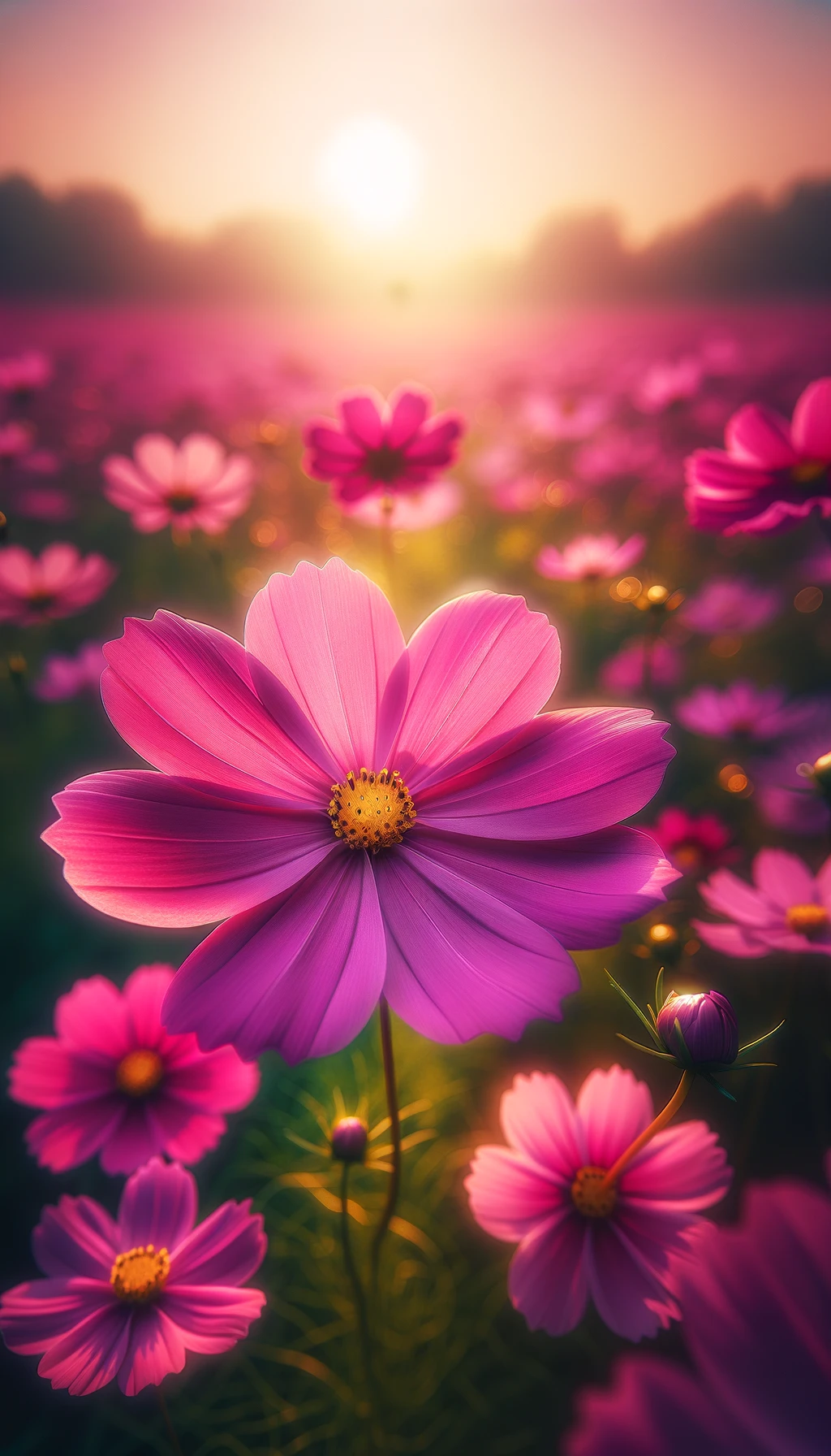 The image capturing the serene beauty of the cosmos flowers.