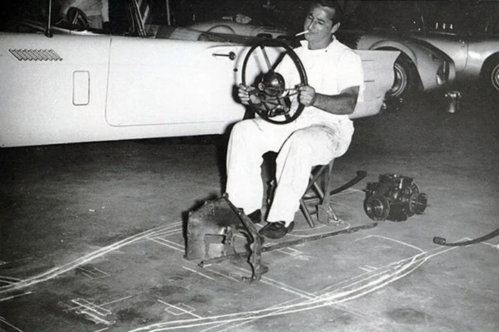 Max Balchowsky tries it on for size. From chalk marks on the floor to driving Old Yeller II around the block took just seven weeks.