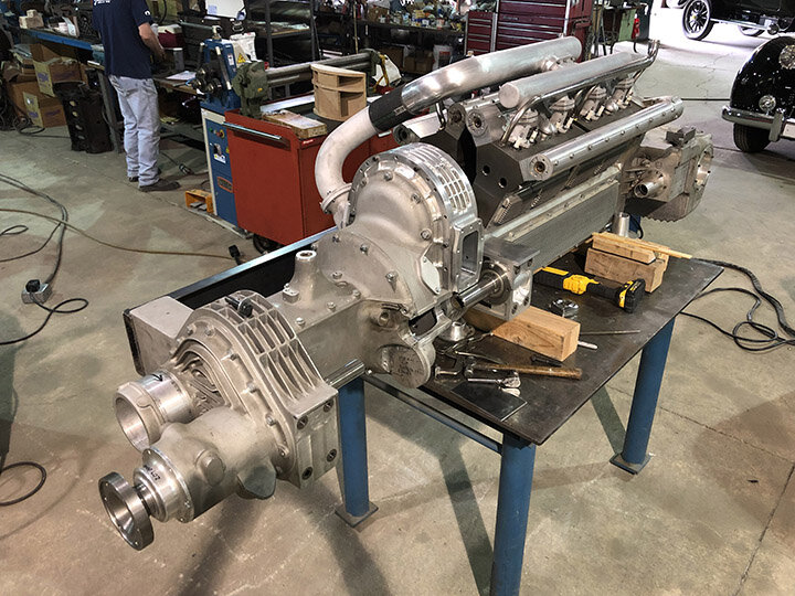 Miller-Burden V-16 had the supercharger mounted between the engine and trans. Photo, EDL Services, LLC