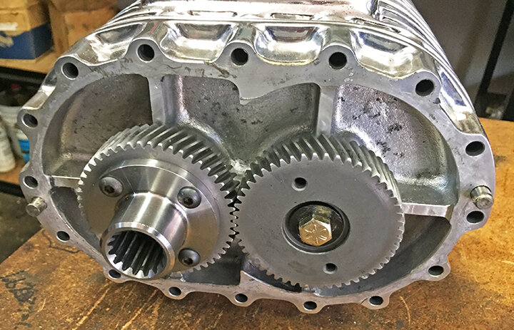 Inside the drive cover, precision cut, steel helical gears