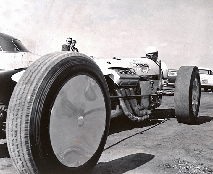 Calvin Rice in the J.E. Riley &amp; Sons dragster at the '55 Nationals. Photo Steve Reyes