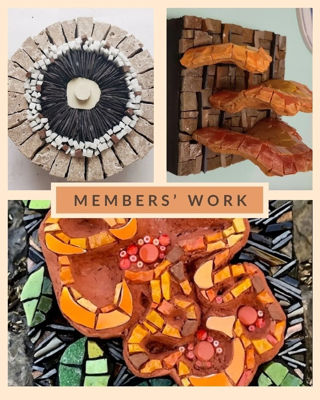 Today I’ve been preparing for a review session in my membership. In the session we take a look back some of the work members have created over the past three months. 
In August we focused on making mosaics inspired by fungus. There were sooo m