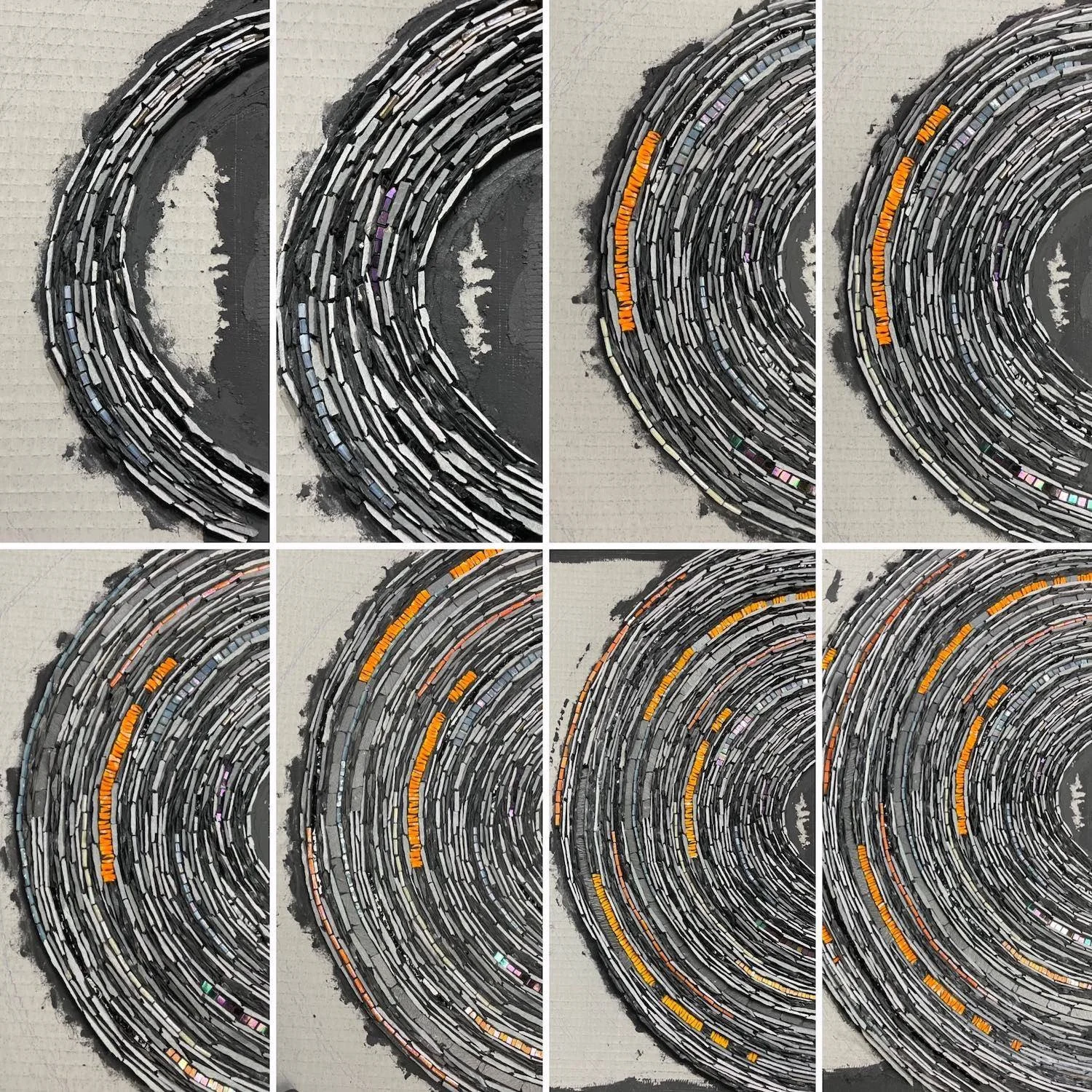 A set of images showing the progression of the mosaic. There are eight images, each with more mosaic added.