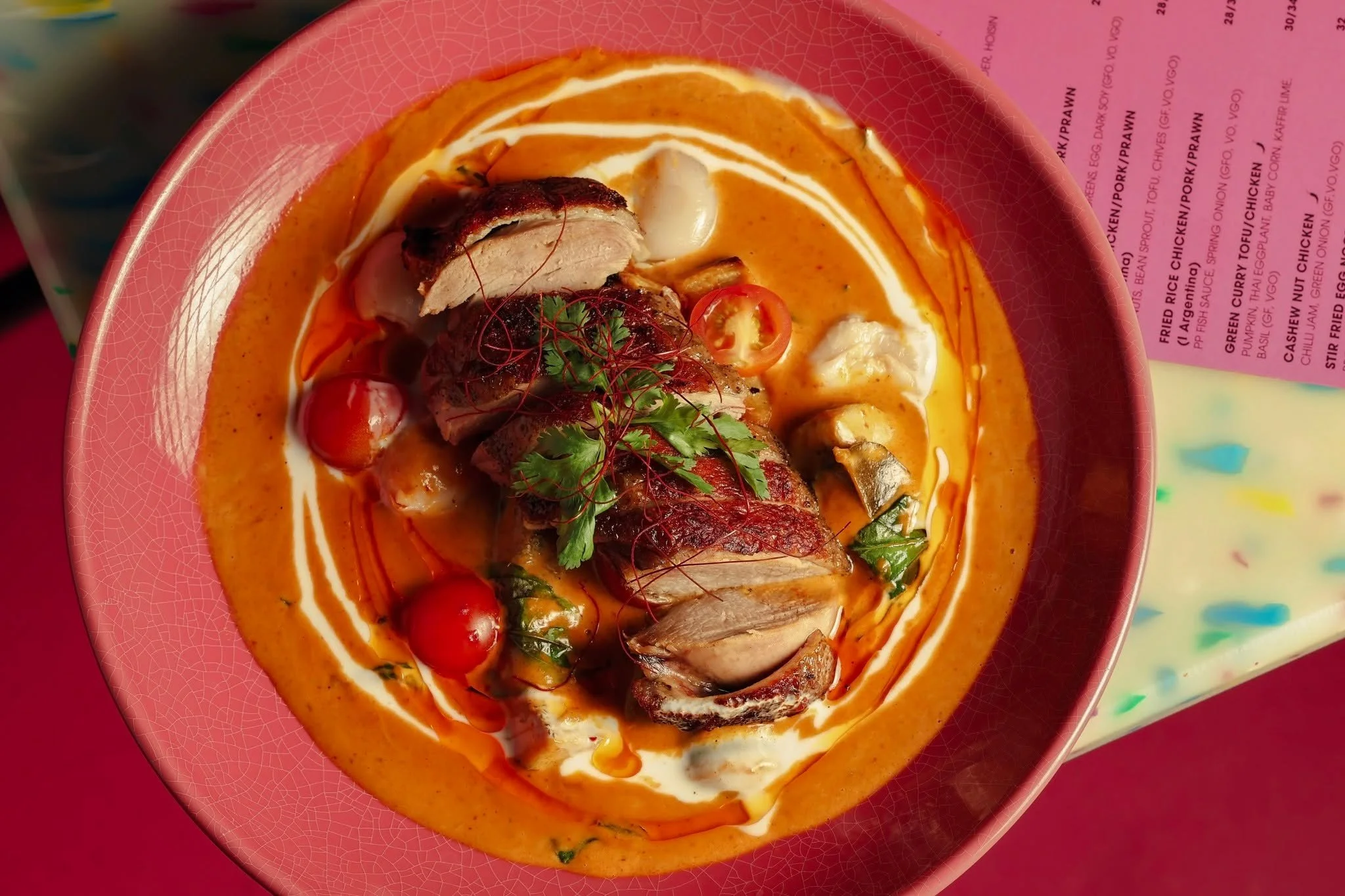 Roasted Duck Curry seared duck breast sliced over velvety coconut red curry, finished with sweet lychee, blistered cherry tomatoes, and aromatic chili threads. Rich, bold, and undeniably comforting. 

Book your table here: https://www.sevenrooms.com/
