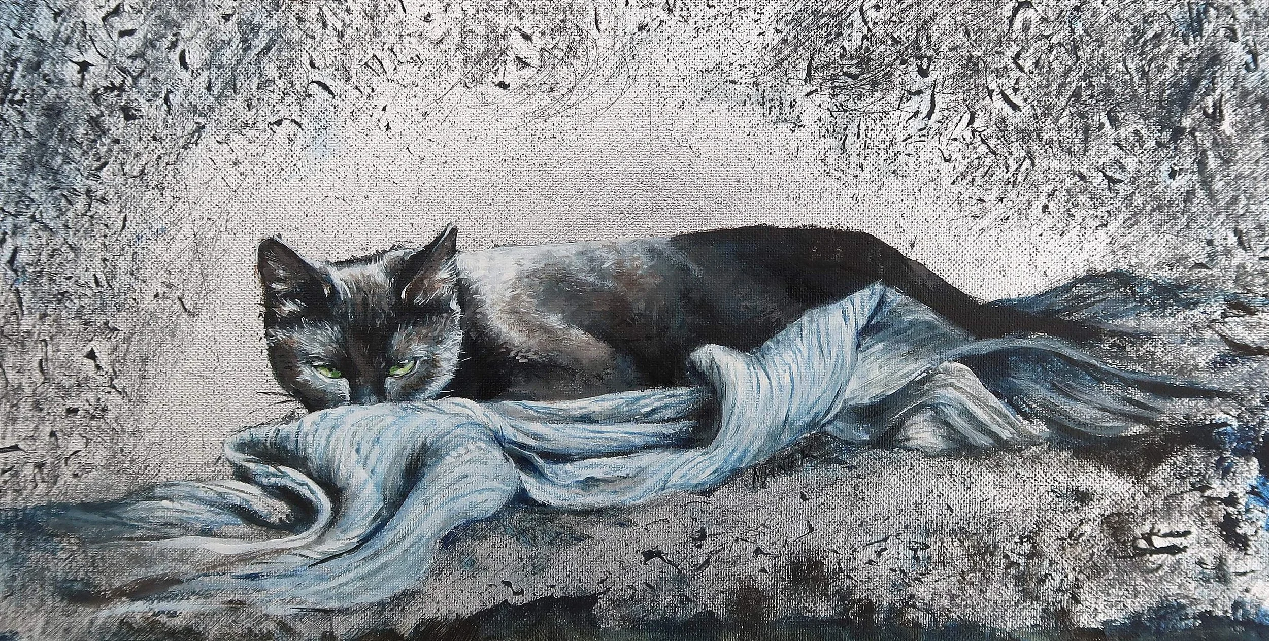 Scarf and Cat, Silvery and Black