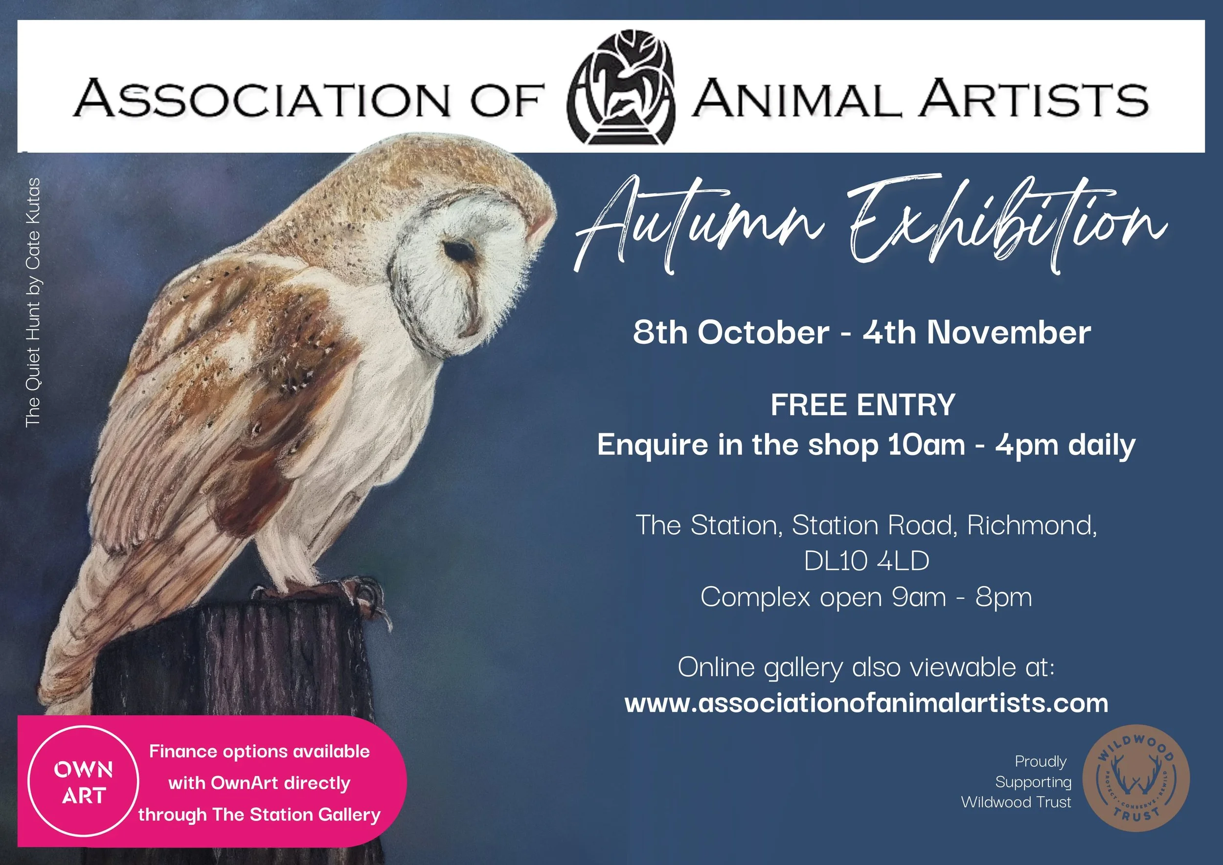Association of Animal Artists Autumn Exhibition Poster for 2026 at The Station, Richmond, Yorkshire, includes a barn owl painted by Cate Kutas.