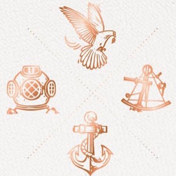 The Sailors Home celebrating the explorer since 1856 ... the legacy we take forward. 

The Bird, good tidings, close to home and family 
The Anchor, steadfastness and good luck 
The Sextant, adventure and navigation 
The Diving Helmet, exploring the 