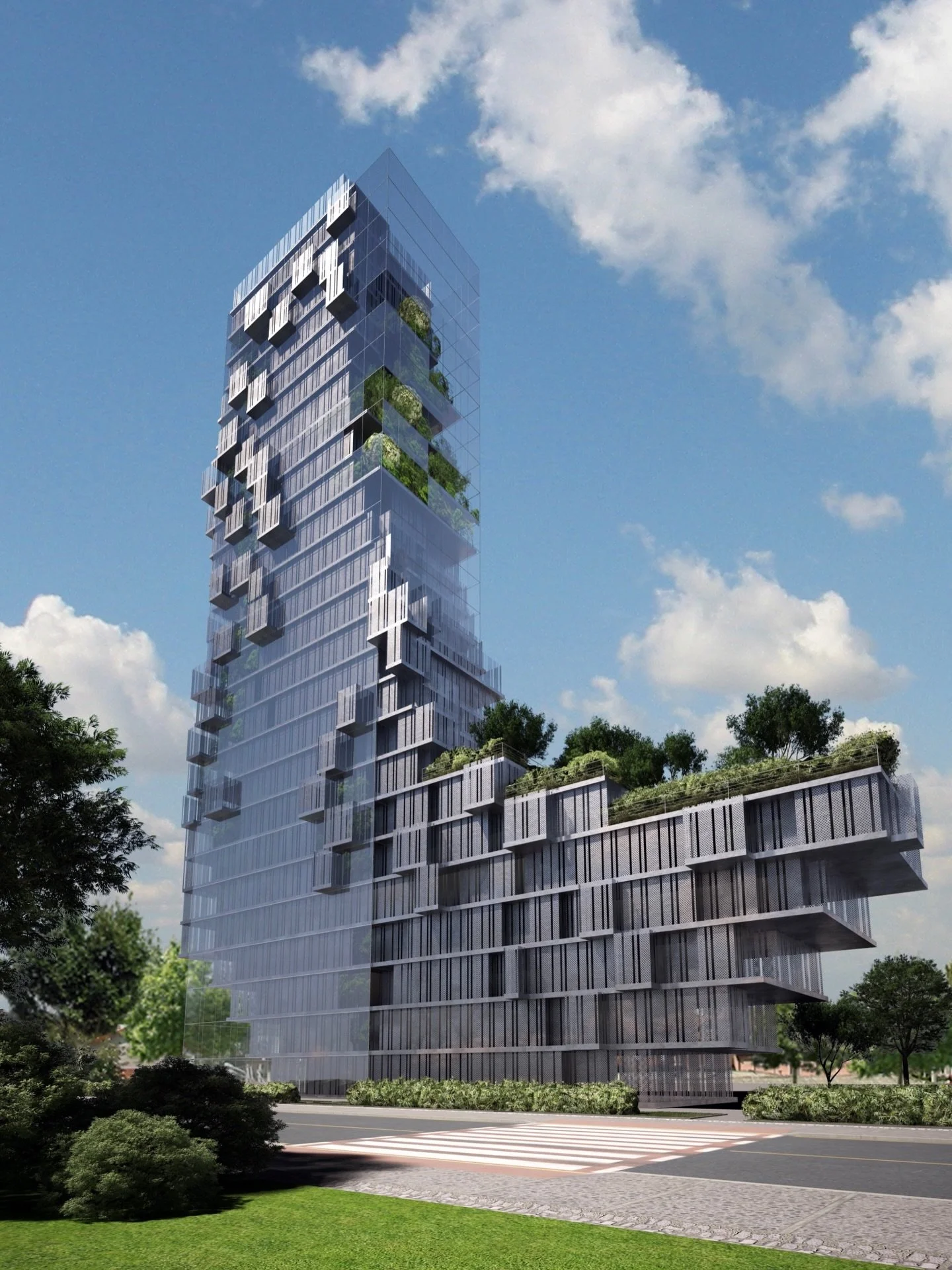 A hybrid of two living typologies, the vertical tower and the horizontal slab, reinterprets the value of elevated spaces while imbuing the lower floors with a more intimate, human-scaled domestic character. Through intelligent spatial planning, it un