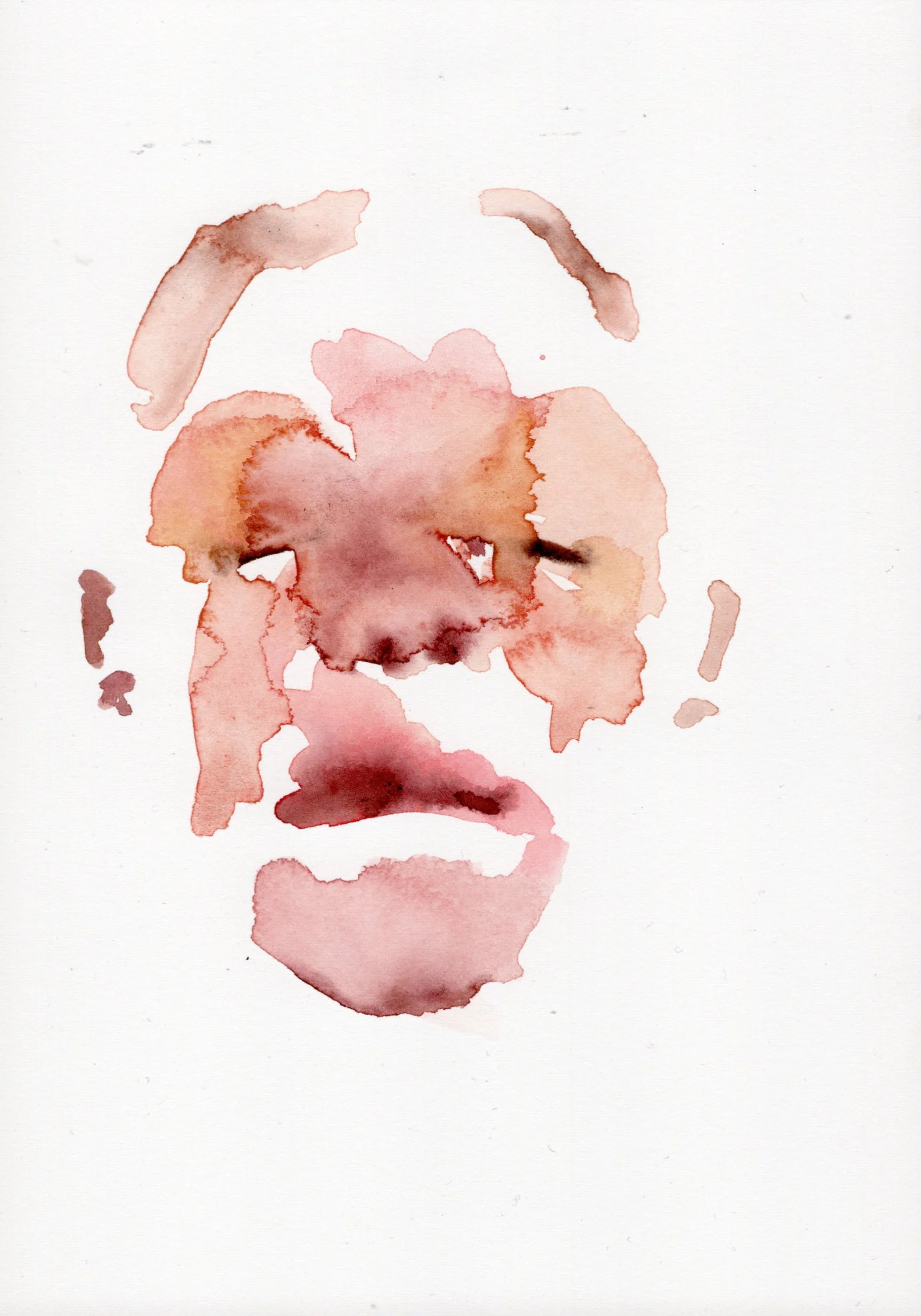 Watercolor portrait of a person's face with closed eyes, in shades of pink, brown, and peach.