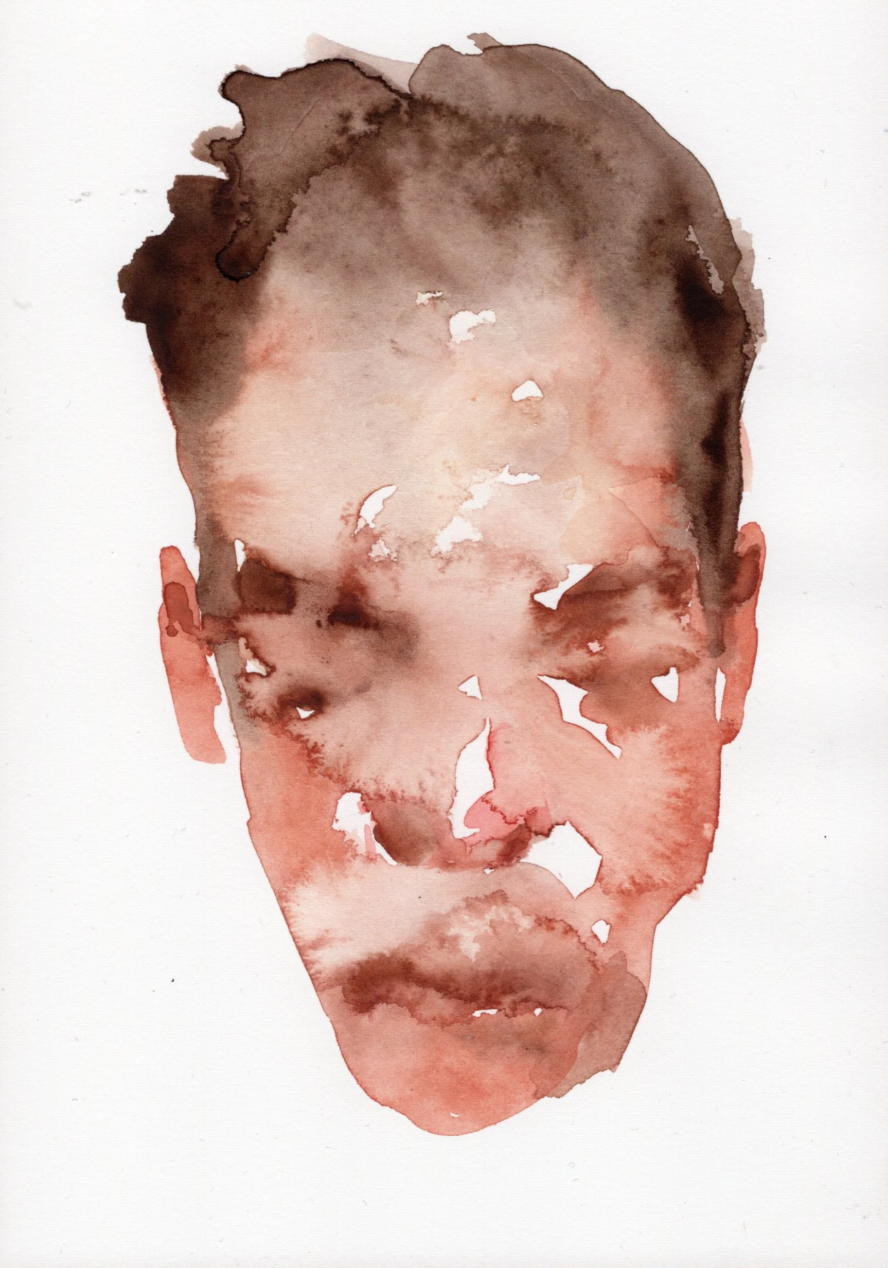 Watercolor painting of a man's face with a neutral expression, using shades of brown, pink, and beige.