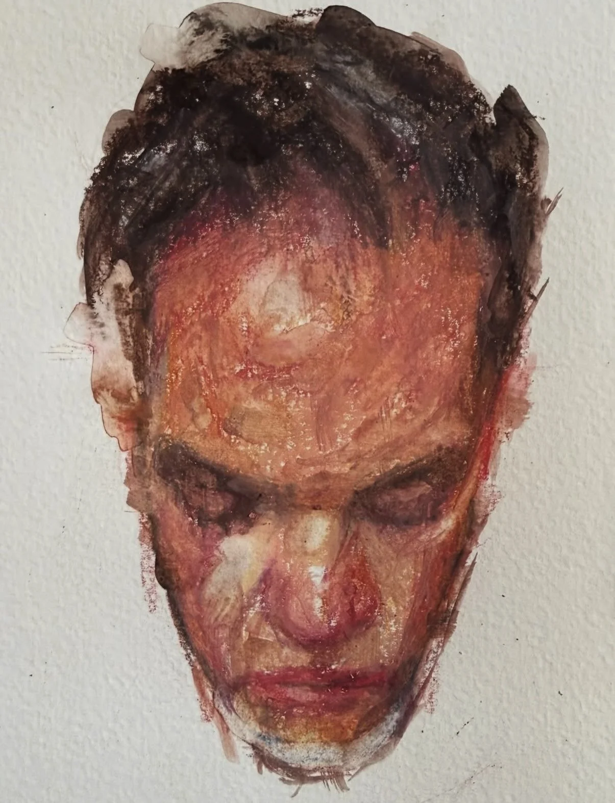 Watercolor painting of a person's face with eyes closed, using warm tones of red, orange, and brown.