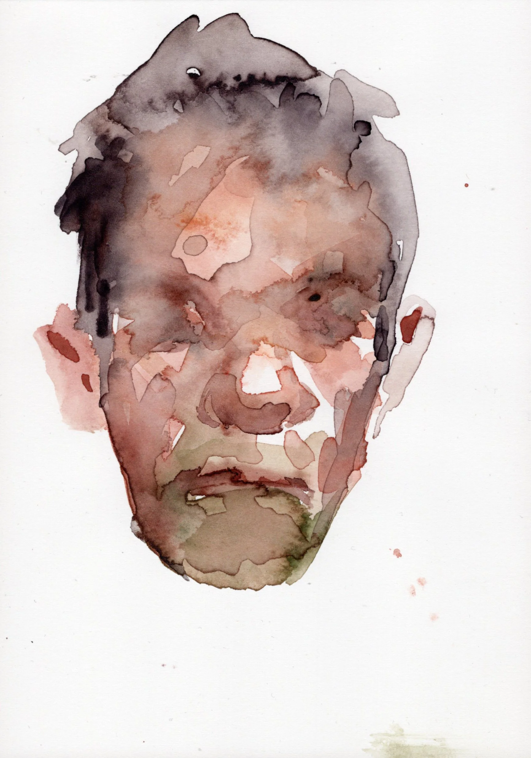Watercolor-style portrait of a man with short hair and a serious expression, rendered in muted earth tones.